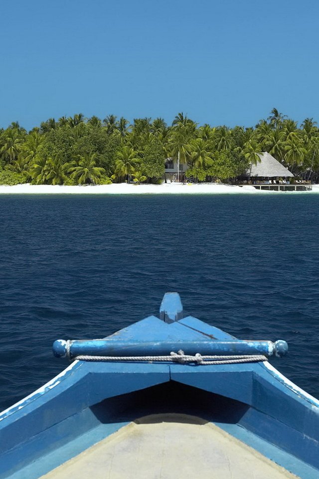 Обои песок, пляж, пальмы, остров, тропики, мальдивы, sand, beach, palm trees, island, tropics, the maldives разрешение 1920x1080 Загрузить