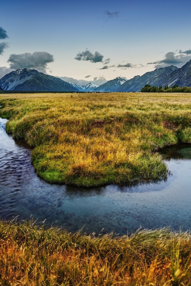 Обои горы, речка, новая зеландия, луга, mountains, river, new zealand, meadows разрешение 2560x1600 Загрузить