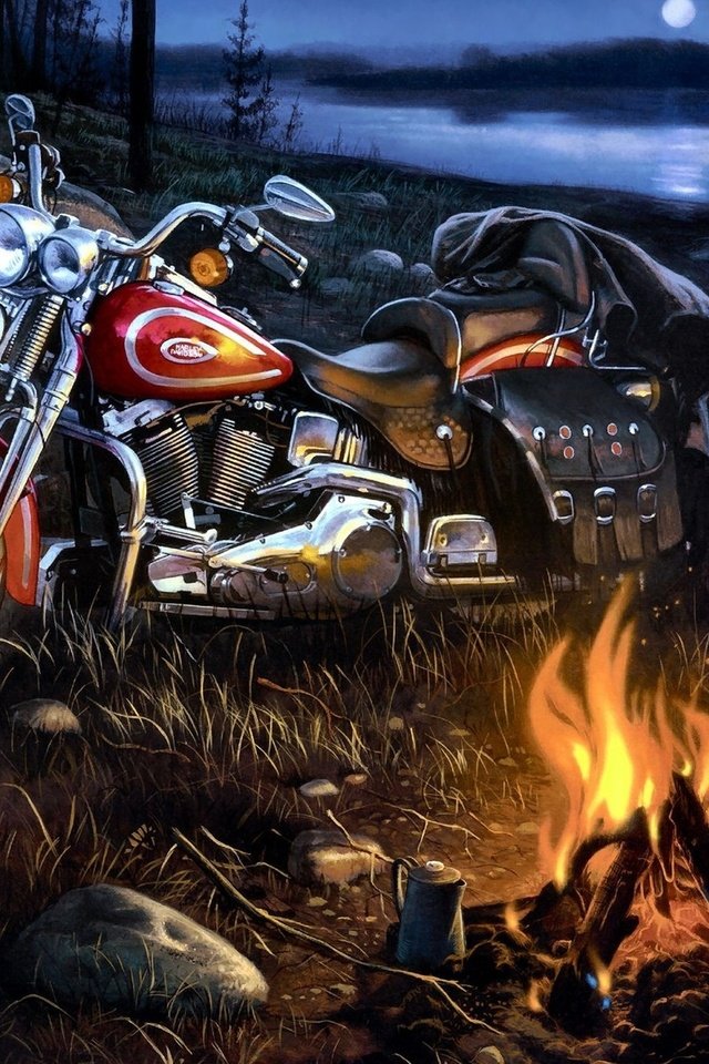 Обои арт, река, пейзаж, мотоцикл, костёр, harley-davidson, art, river, landscape, motorcycle, the fire разрешение 1920x1200 Загрузить