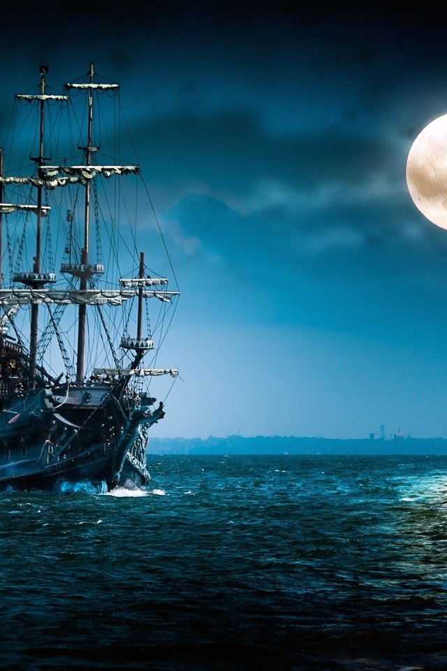 Обои море, корабль, луна, sea, ship, the moon разрешение 2560x1600 Загрузить