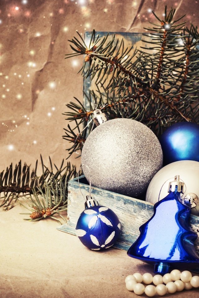 Обои серебристые, новый год, праздники, елочная, елка, бусы, зима, синие, рождество, ветки, коробка, шарики, елочные, ель, декорации, игрушки, встреча нового года, еловая ветка, белые, silver, new year, holidays, tree, beads, blue, winter, christmas, branches, box, balls, spruce, the scenery, toys, spruce branch, white разрешение 2880x1800 Загрузить