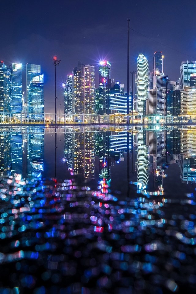 Обои ночь, огни, вечер, отражения, сингапур, night, lights, the evening, reflection, singapore разрешение 2048x1152 Загрузить