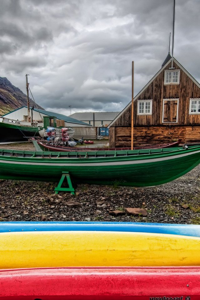 Обои пейзаж, лодки, дома, bernard mcmanus, рыбацкий поселок, landscape, boats, home, fishing village разрешение 1920x1080 Загрузить