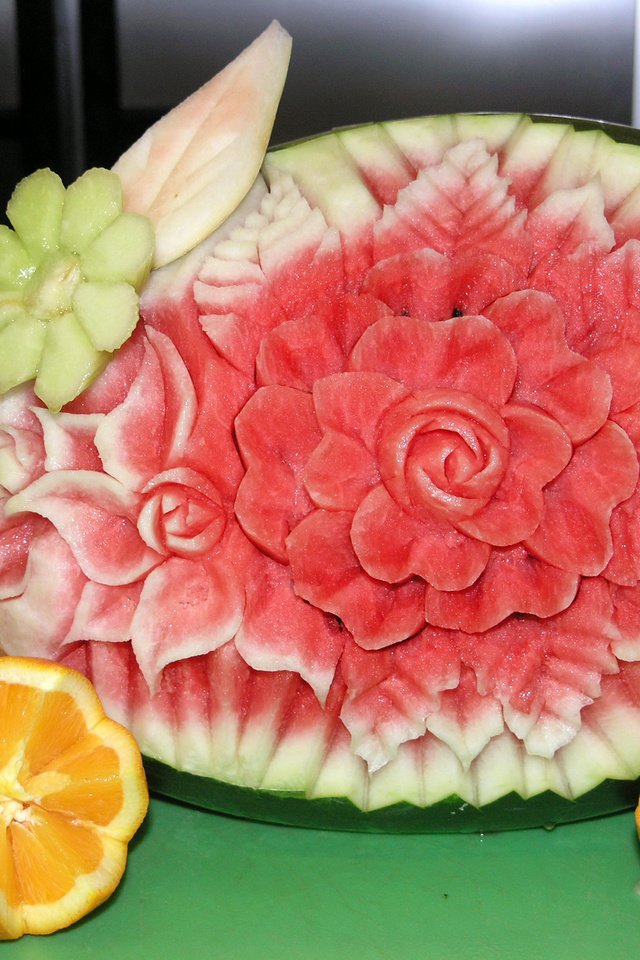 Обои цветы, фрукты, апельсины, арбуз, креатив, натюрморт, flowers, fruit, oranges, watermelon, creative, still life разрешение 2048x1536 Загрузить