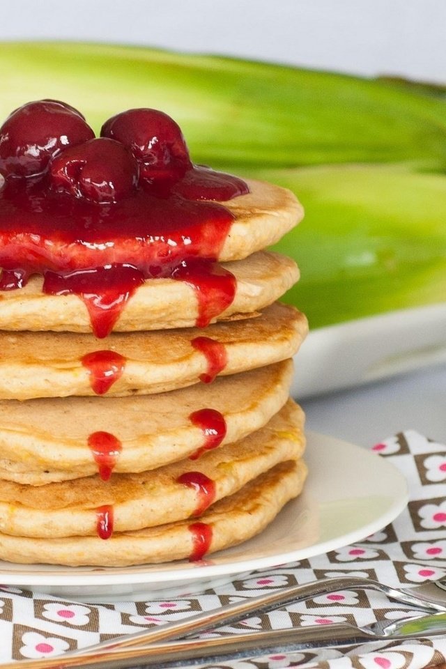 Обои ягоды, вишня, блины, оладьи, вишневое варенье, berries, cherry, pancakes, cherry jam разрешение 1920x1256 Загрузить