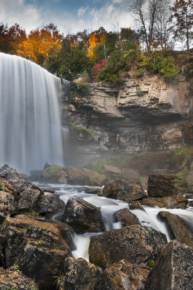 Обои деревья, скалы, природа, водопад, осень, trees, rocks, nature, waterfall, autumn разрешение 1996x1301 Загрузить