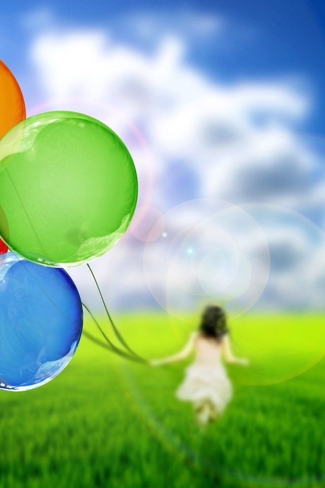 Обои небо, трава, поле, девочка, воздушные шары, зеленая, the sky, grass, field, girl, balloons, green разрешение 2560x1600 Загрузить