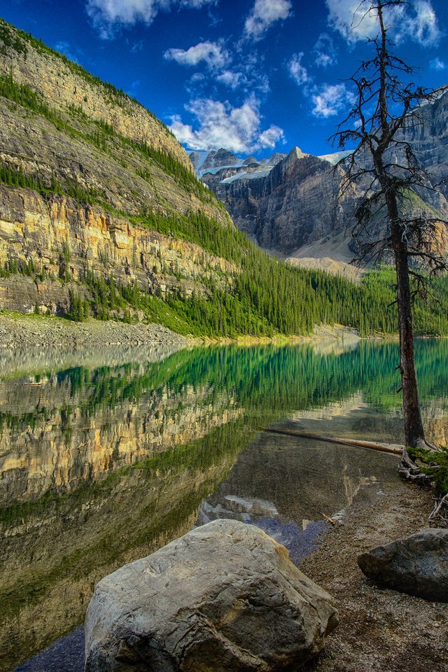 Обои деревья, озеро, горы, камни, отражение, канада, trees, lake, mountains, stones, reflection, canada разрешение 2048x1359 Загрузить