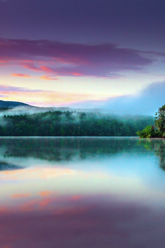 Обои деревья, вода, озеро, лес, отражение, пейзаж, туман, trees, water, lake, forest, reflection, landscape, fog разрешение 2048x1247 Загрузить