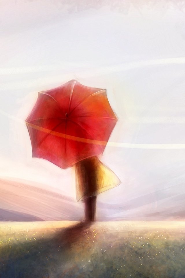 Обои небо, арт, человек, спина, ветер, живопись, красный зонт, the sky, art, people, back, the wind, painting, red umbrella разрешение 1920x1150 Загрузить