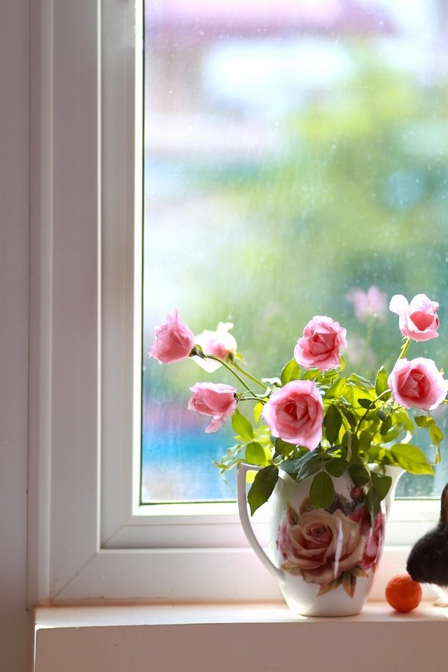 Обои розы, букет, кролик, окно, кувшин, roses, bouquet, rabbit, window, pitcher разрешение 2048x1365 Загрузить