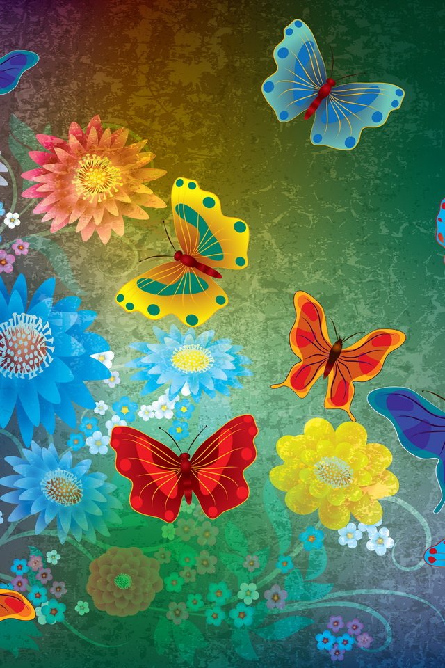 Обои цветы, абстракт, бабочки, гранж, дезайн,  цветы, butterflies, flowers, abstract, butterfly, grunge, design разрешение 6000x5800 Загрузить