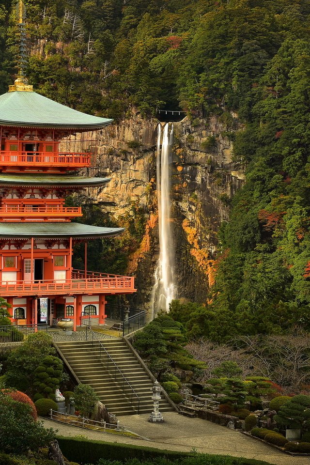 Обои горы, парк, водопад, осень, пагода, япония, здание, ступени, mountains, park, waterfall, autumn, pagoda, japan, the building, stage разрешение 2400x1350 Загрузить