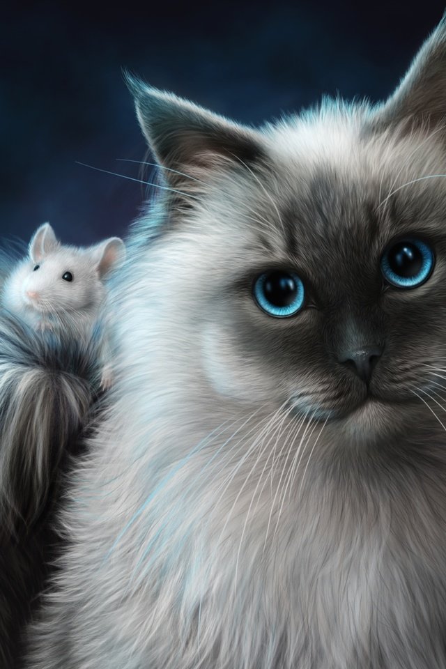 Обои арт, животные, кот, кошка, мышь, друзья, art, animals, cat, mouse, friends разрешение 3000x1944 Загрузить