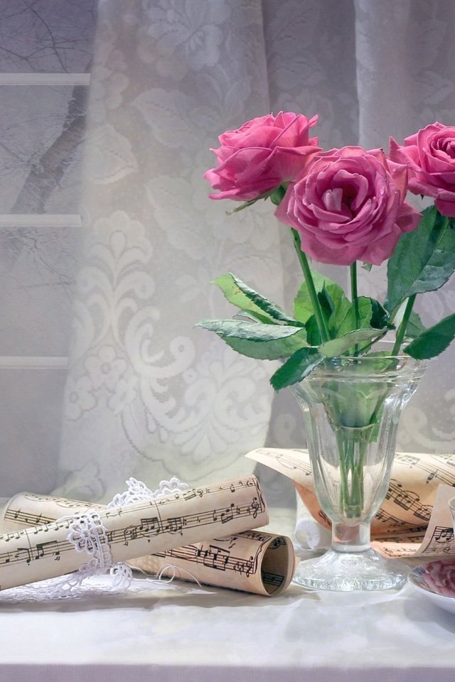 Обои цветы, розы, ноты, окно, чашка, чай, натюрморт, flowers, roses, notes, window, cup, tea, still life разрешение 1920x1219 Загрузить