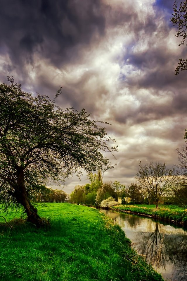 Обои облака, деревья, река, пейзаж, ручей, канал, clouds, trees, river, landscape, stream, channel разрешение 2048x1365 Загрузить