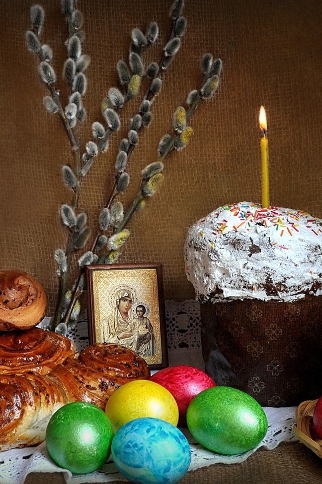 Обои православие, свеча, пасха, яйца, праздник, верба, кулич, булочки, сдоба, orthodoxy, candle, easter, eggs, holiday, verba, cake, buns, muffin разрешение 1920x1080 Загрузить