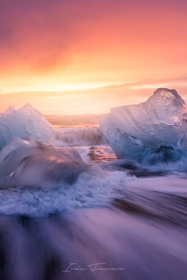 Обои небо, природа, закат, пляж, лёд, исландия, выдержка, the sky, nature, sunset, beach, ice, iceland, excerpt разрешение 2000x1334 Загрузить