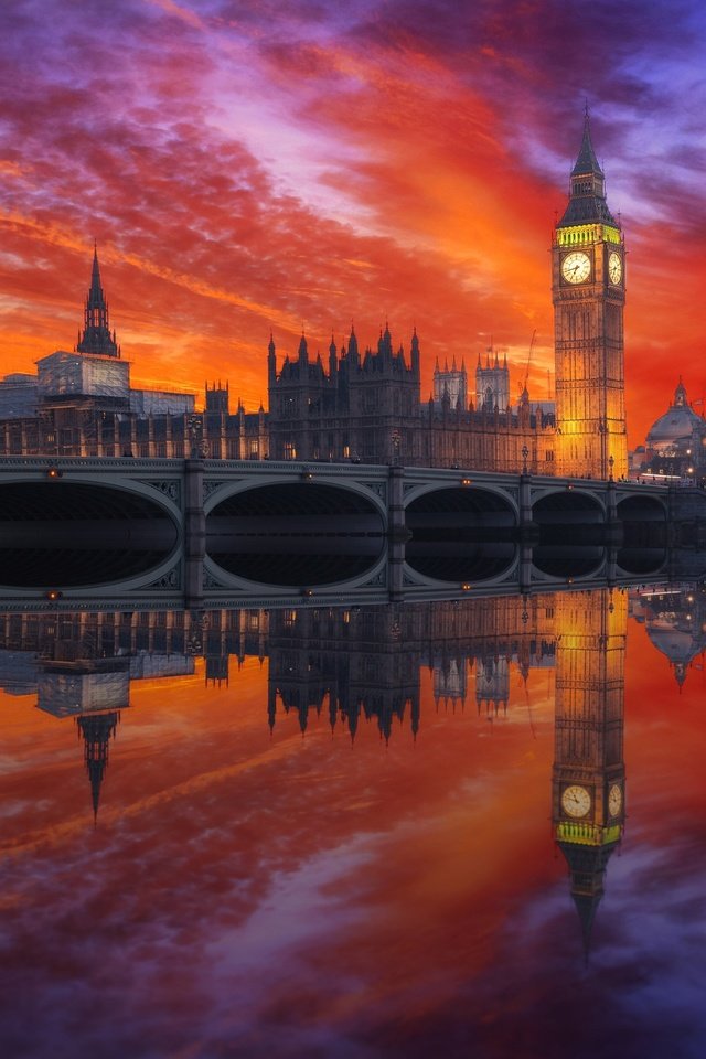 Обои закат, отражение, мост, лондон, англия, биг-бен, sunset, reflection, bridge, london, england, big ben разрешение 2048x1367 Загрузить