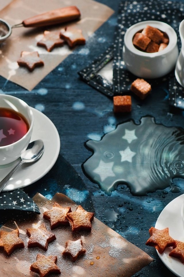 Обои звезды, чай, чашки, сахар, печенье, выпечка, stars, tea, cup, sugar, cookies, cakes разрешение 2048x1367 Загрузить
