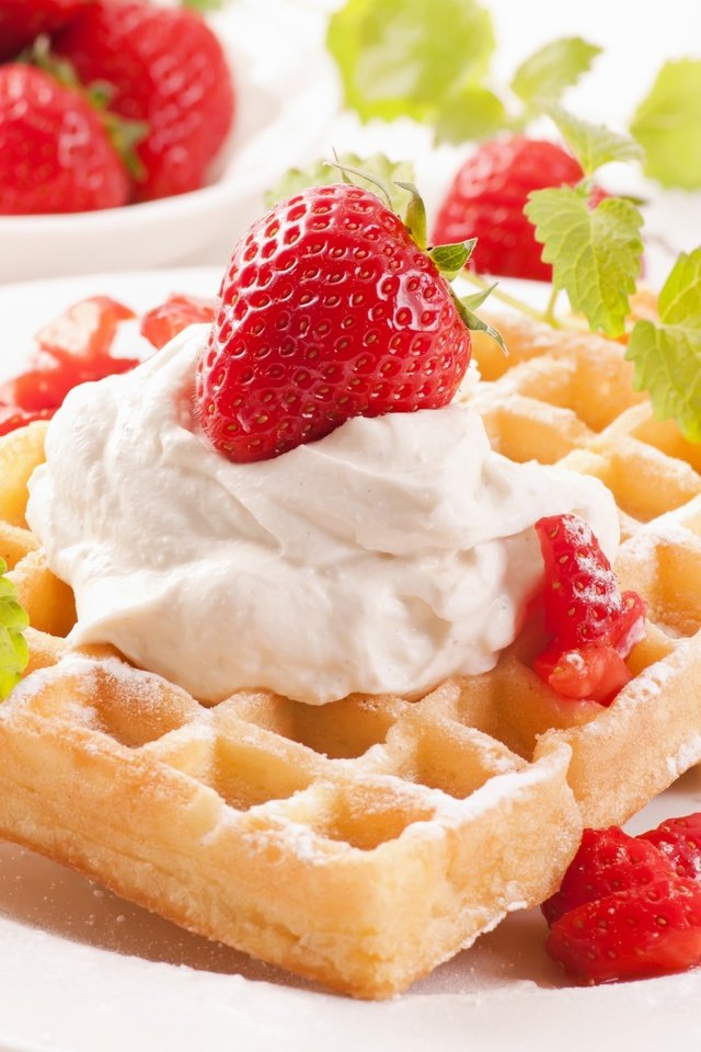 Обои мята, клубника, десерт, вафли, крем, mint, strawberry, dessert, waffles, cream разрешение 5140x3415 Загрузить