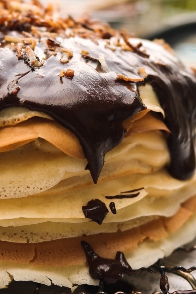 Обои шоколад, блинчики, блины, блинный торт, chocolate, pancakes, pancake cake разрешение 1920x1080 Загрузить