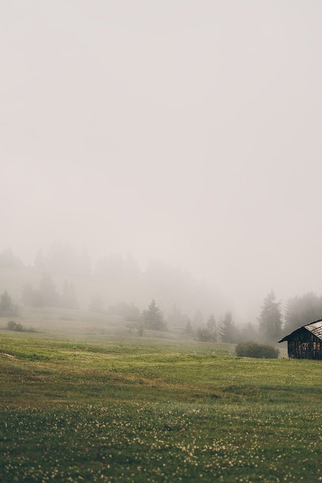 Обои горы, природа, пейзаж, утро, туман, домик, ферма, mountains, nature, landscape, morning, fog, house, farm разрешение 1920x1200 Загрузить