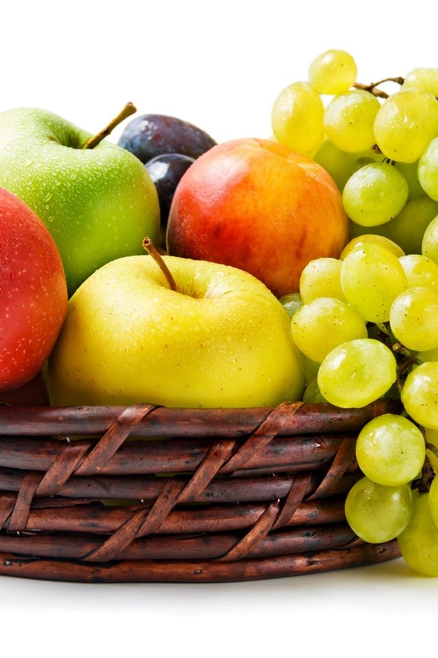 Обои виноград, фрукты, яблоки, корзина, grapes, fruit, apples, basket разрешение 3200x2130 Загрузить