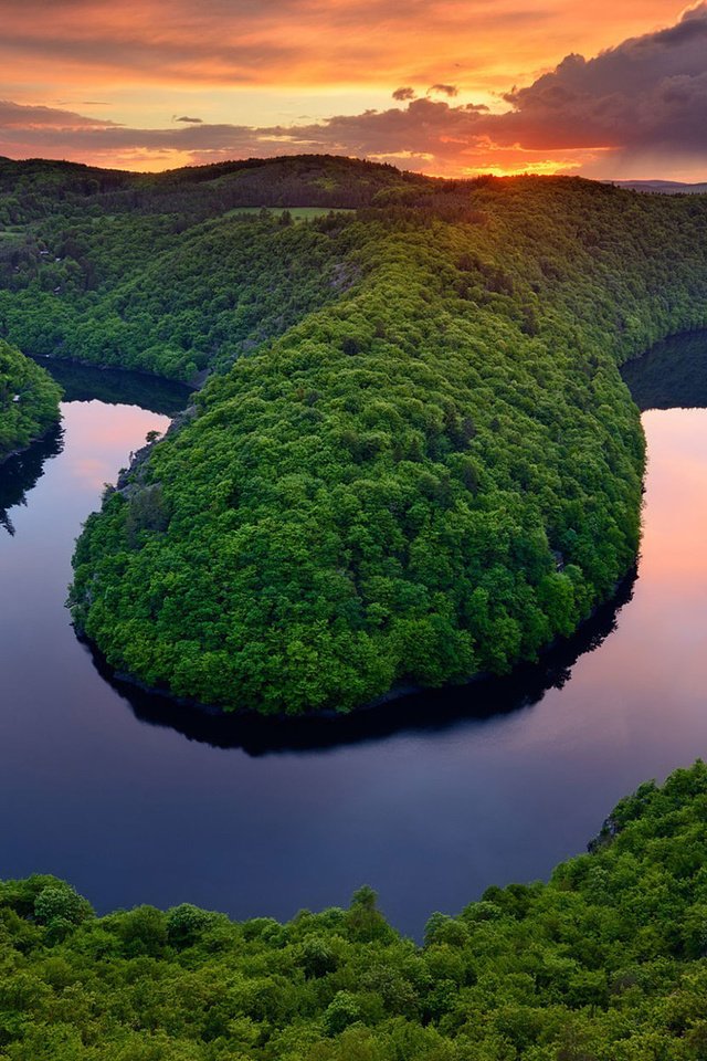 Обои озеро, река, природа, лес, закат, пейзаж, холм, lake, river, nature, forest, sunset, landscape, hill разрешение 1920x1200 Загрузить