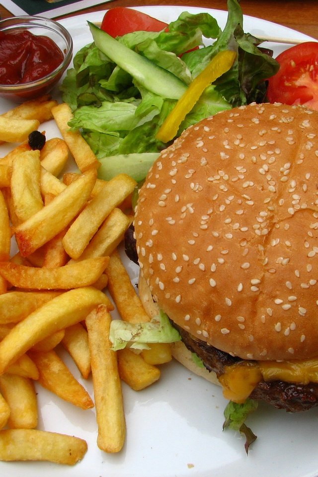 Обои гамбургер, кетчуп, вилка, овощи, соус, салат, картофель фри, hamburger, ketchup, plug, vegetables, sauce, salad, french fries разрешение 2592x1944 Загрузить