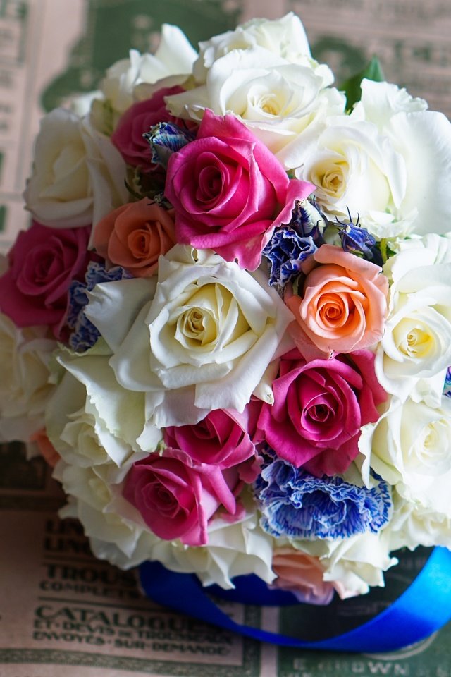 Обои цветы, бутоны, розы, лепестки, разноцветные, букет, лента, свадебный букет, flowers, buds, roses, petals, colorful, bouquet, tape, wedding bouquet разрешение 6000x3376 Загрузить
