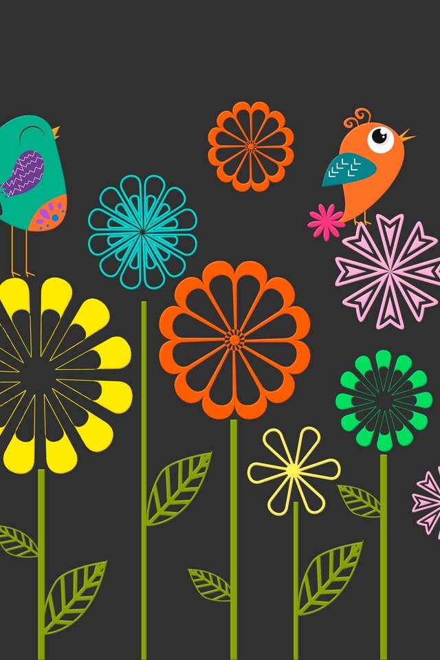 Обои цветы, вектор, птицы, весна, черный фон, flowers, vector, birds, spring, black background разрешение 3000x2000 Загрузить