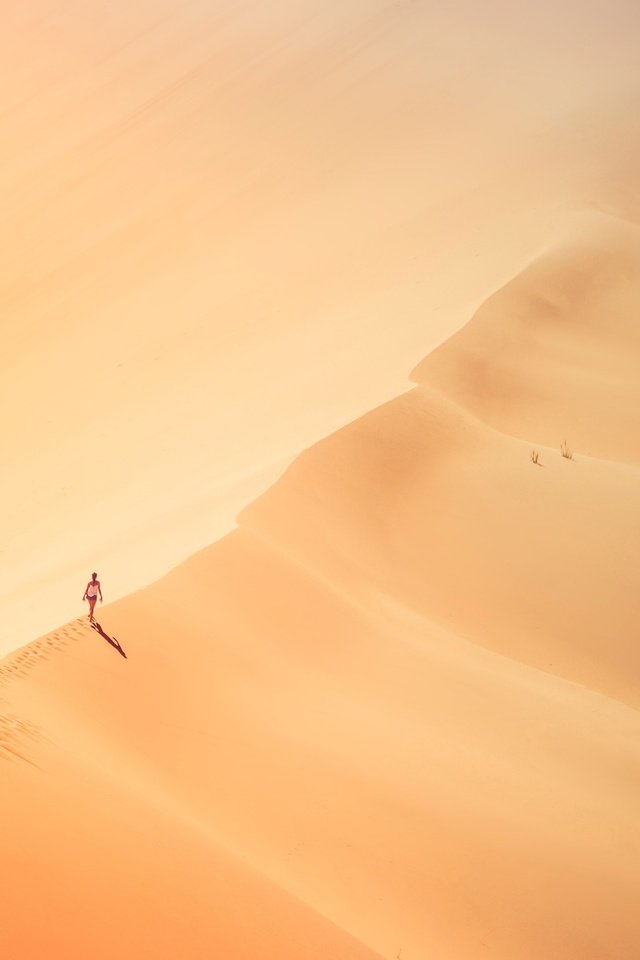 Обои девушка, песок, пустыня, одиночество, следы, солнечный свет, girl, sand, desert, loneliness, traces, sunlight разрешение 6507x3289 Загрузить