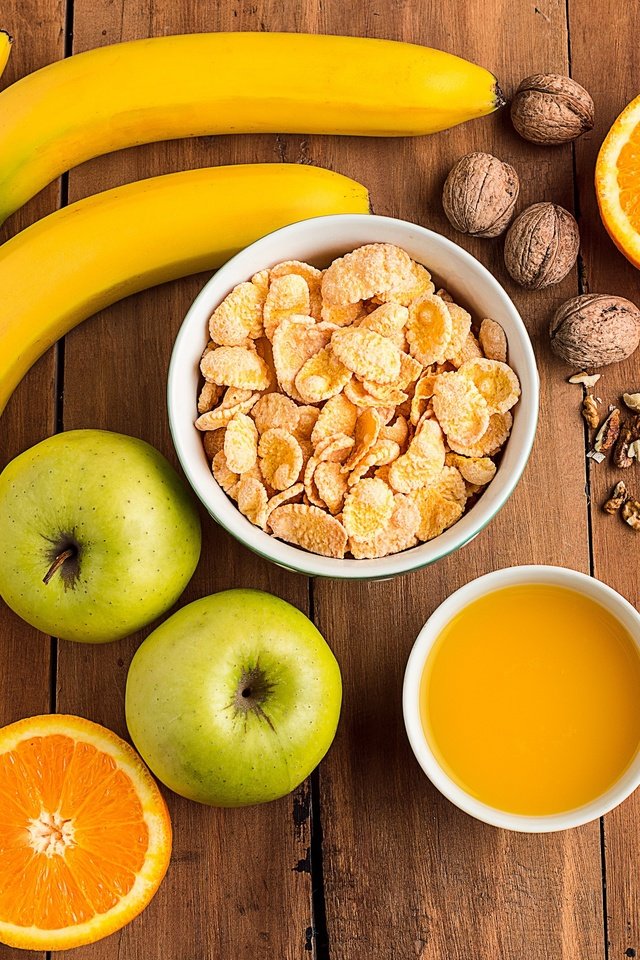 Обои орехи, сок, фрукты, яблоки, апельсины, завтрак, бананы, цитрусы, хлопья, nuts, juice, fruit, apples, oranges, breakfast, bananas, citrus, cereal разрешение 3000x2030 Загрузить