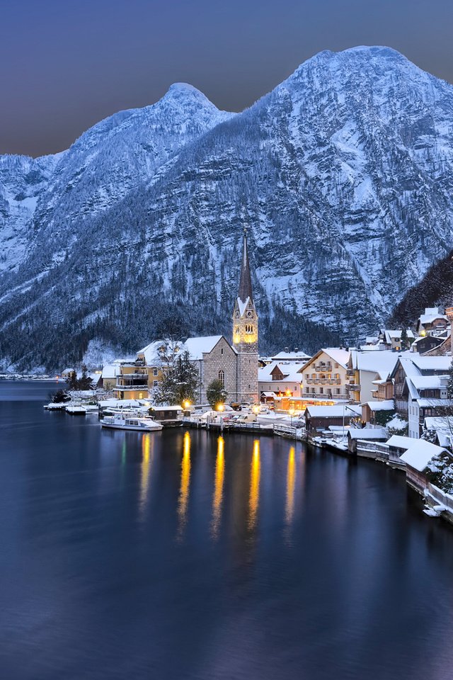 Обои озеро, горы, зима, город, австрия, альпы, хальштадт, lake, mountains, winter, the city, austria, alps, hallstadt разрешение 1920x1200 Загрузить