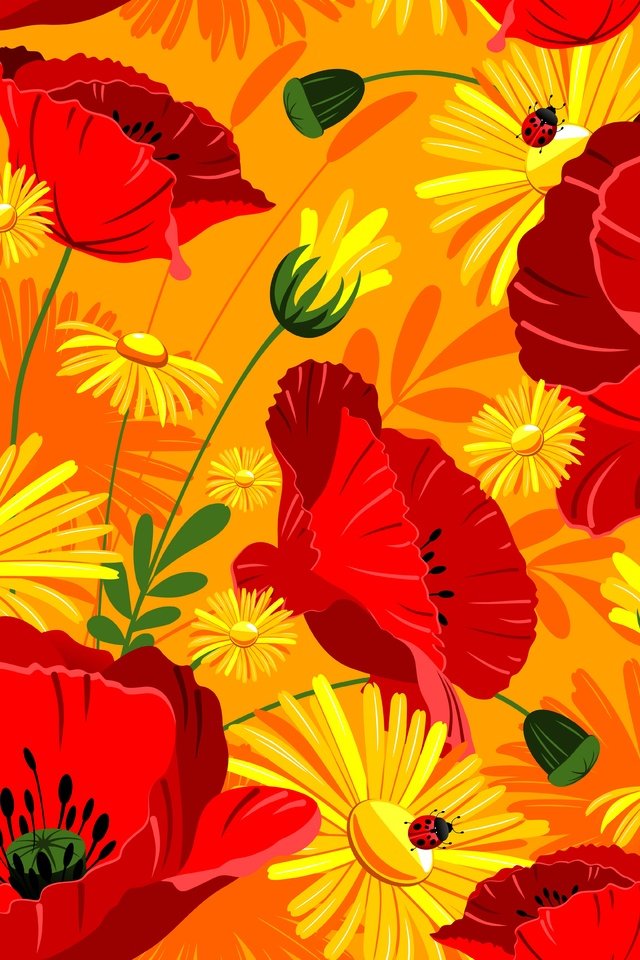 Обои цветы, маки, яркие, красных, жёлтых, и, ноготки, flowers, maki, bright, red, yellow, and, marigolds разрешение 5016x5016 Загрузить