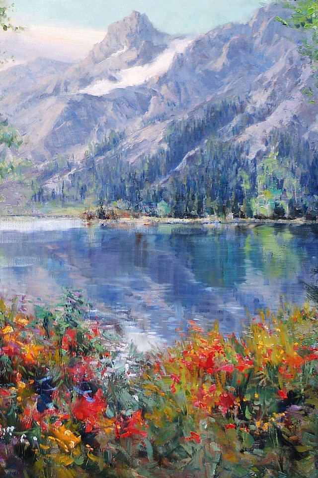 Обои цветы, eric wallis, арт, озеро, горы, лес, пейзаж, березы, живопись, flowers, art, lake, mountains, forest, landscape, birch, painting разрешение 1920x1200 Загрузить