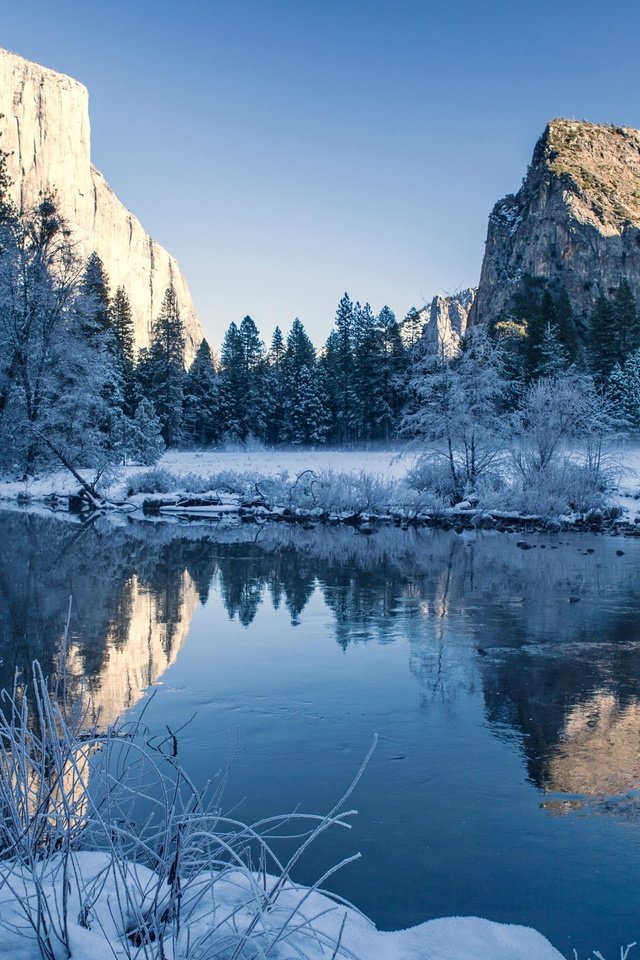 Обои деревья, река, горы, природа, зима, отражение, пейзаж, trees, river, mountains, nature, winter, reflection, landscape разрешение 2880x1800 Загрузить