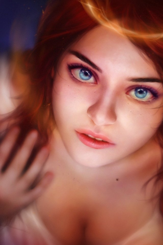 Обои голубые глаза, арт, девушка, взгляд, фэнтези, рыжая, ангел, волосы, лицо, blue eyes, art, girl, look, fantasy, red, angel, hair, face разрешение 2560x1600 Загрузить