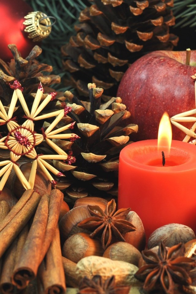 Обои новый год, пряности, орехи, звезды, корица, яблоко, свеча, рождество, шишки, new year, spices, nuts, stars, cinnamon, apple, candle, christmas, bumps разрешение 2880x1800 Загрузить