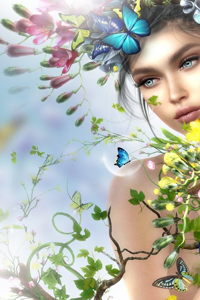 Обои цветы, арт, девушка, взгляд, весна, лицо, бабочки, flowers, art, girl, look, spring, face, butterfly разрешение 2198x1080 Загрузить