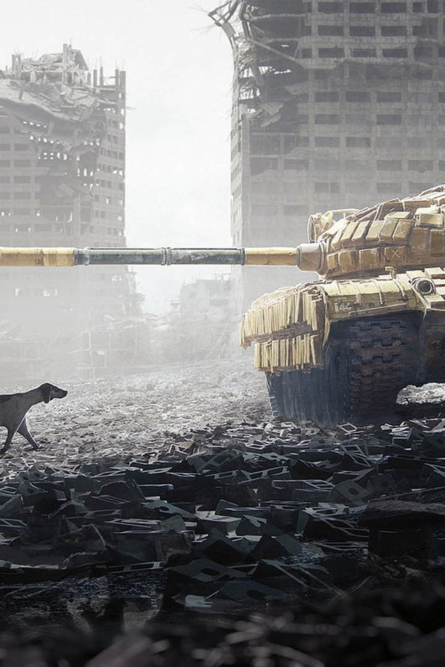 Обои война, город, собака, разруха, танк, здания, war, the city, dog, devastation, tank, building разрешение 1920x1080 Загрузить