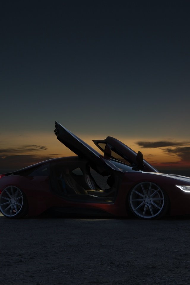 Обои ночь, красная, спорткар, бмв, bmw i8, night, red, sports car, bmw разрешение 5708x3808 Загрузить