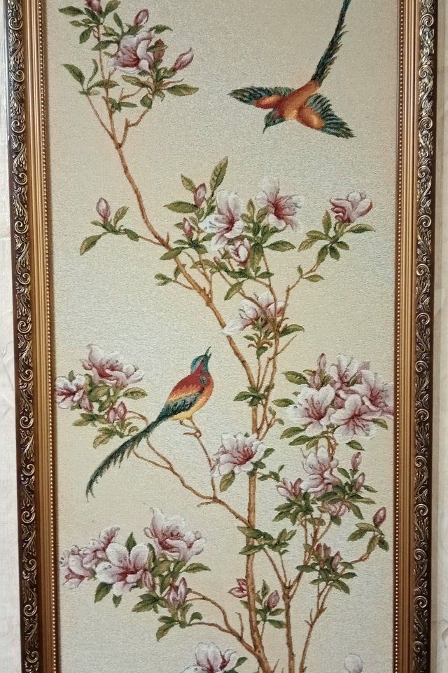 Обои картина, цветущая сакура, райская птица, гобелен, picture, cherry blossoms, bird of paradise разрешение 2000x4160 Загрузить