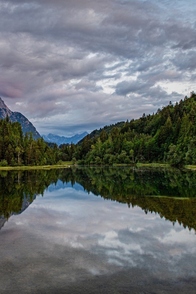 Обои облака, горы, лес, отражение, водоем, clouds, mountains, forest, reflection, pond разрешение 3840x2160 Загрузить