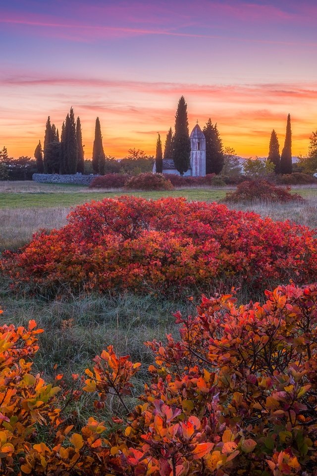 Обои природа, закат, пейзаж, кусты, осень, церковь, словения, nature, sunset, landscape, the bushes, autumn, church, slovenia разрешение 2048x1367 Загрузить