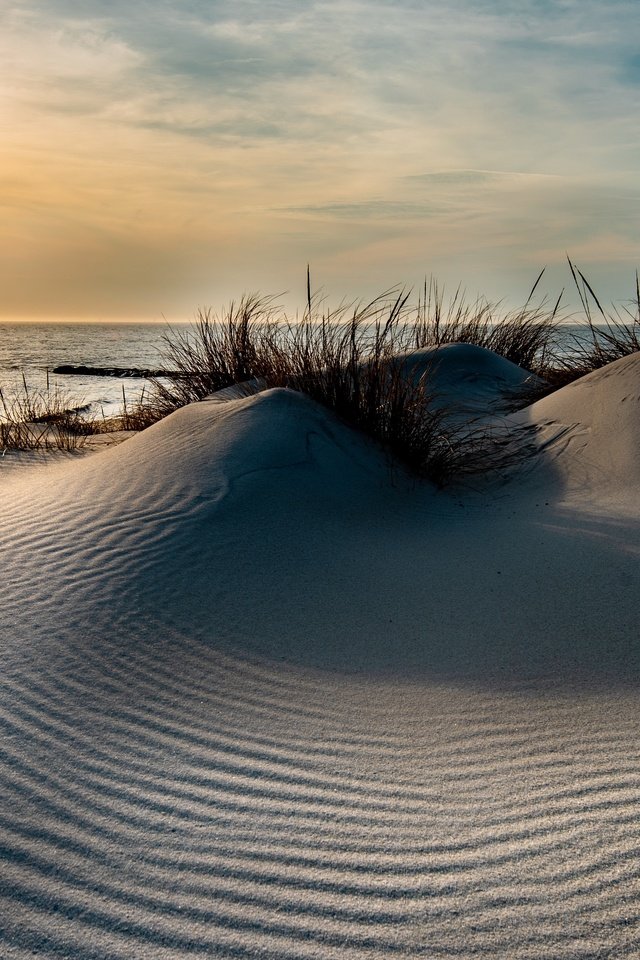 Обои небо, берег, закат, море, песок, горизонт, дюны, the sky, shore, sunset, sea, sand, horizon, dunes разрешение 3840x2160 Загрузить