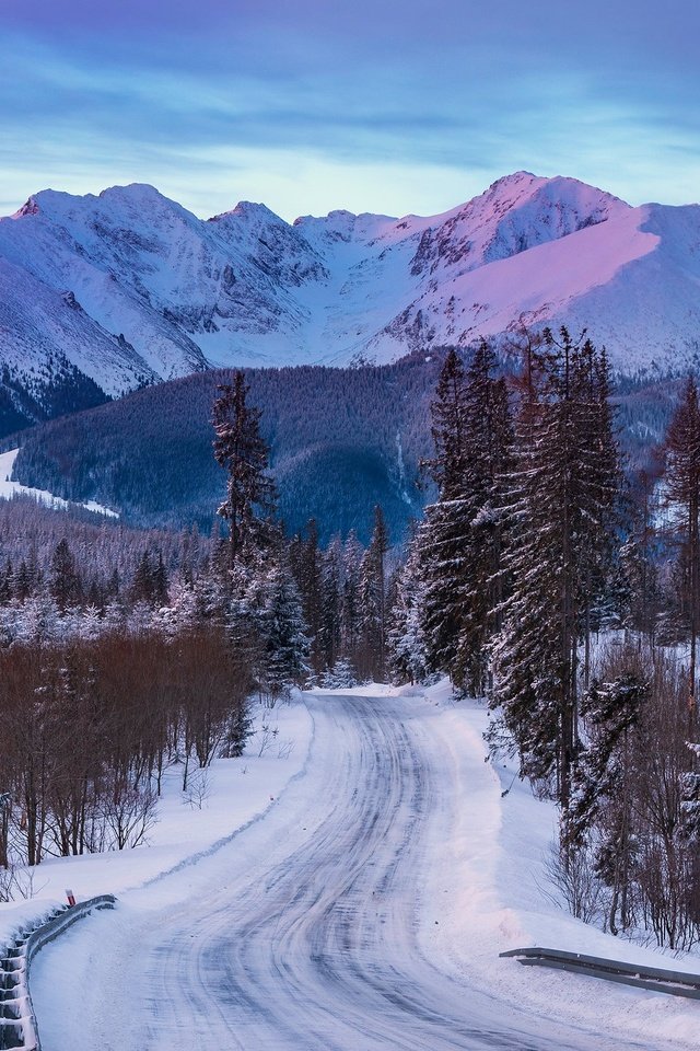 Обои дорога, деревья, горы, снег, лес, зима, road, trees, mountains, snow, forest, winter разрешение 2048x1365 Загрузить