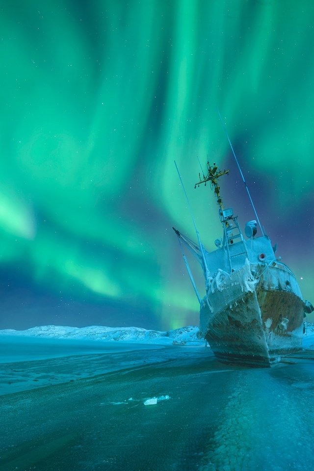 Обои зима, мороз, корабль, северное сияние, россия, мурманская область, winter, frost, ship, northern lights, russia, murmansk oblast разрешение 2956x1950 Загрузить