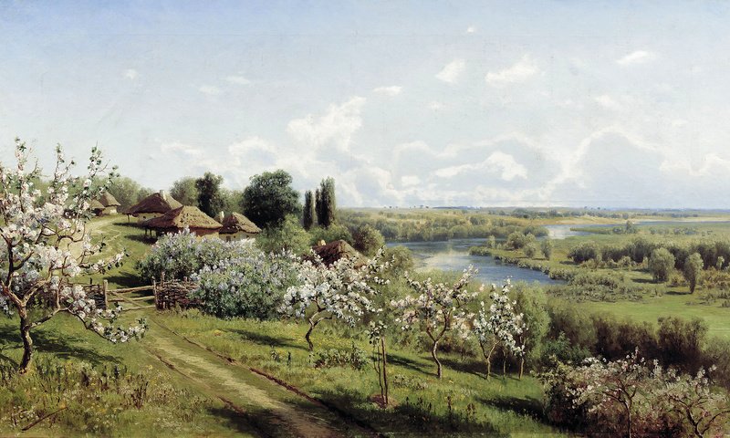 Обои картина, сергеев, яблони в цвету, в малороссии, picture, sergeev, the apple trees in bloom, in the ukraine разрешение 2393x1400 Загрузить